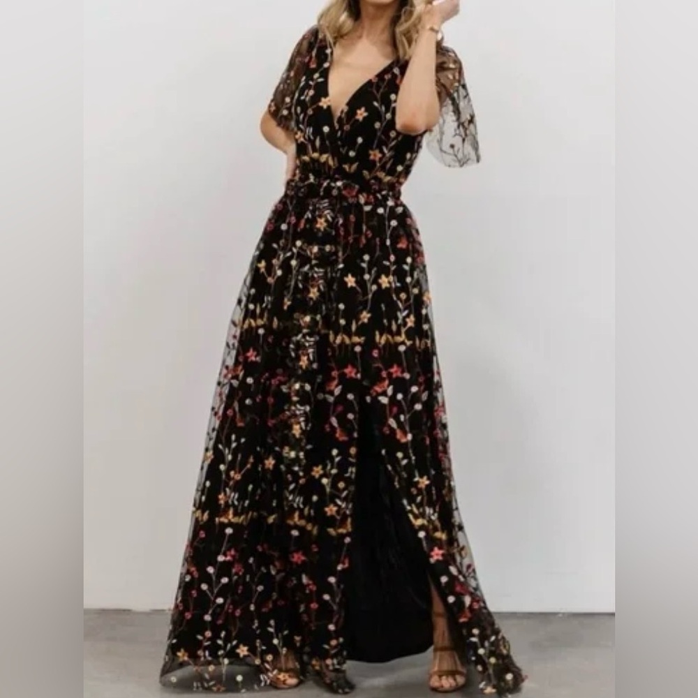 Baltic Born Black Maxi Dress with Multicolor Floral Embroidery
